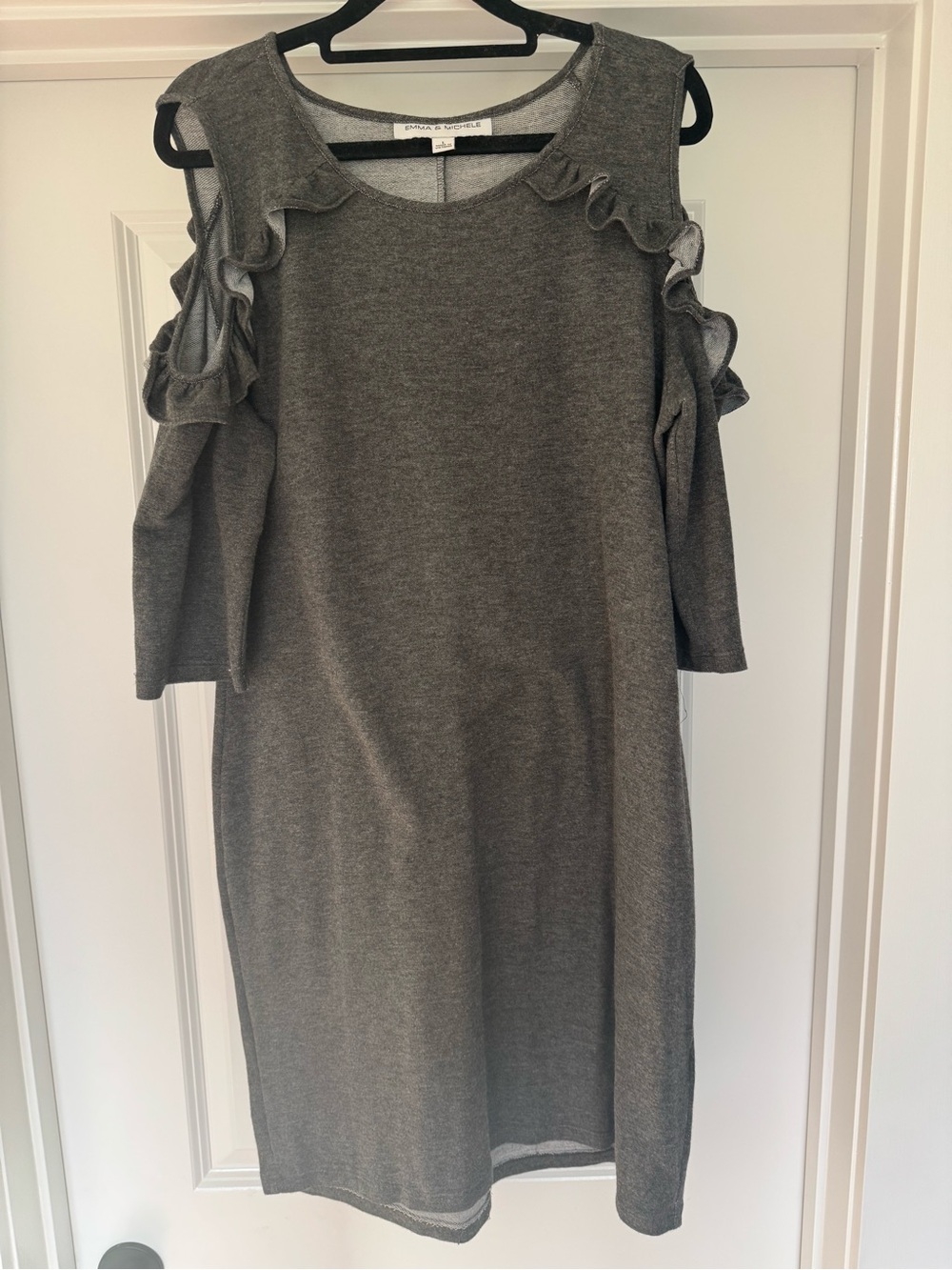 Emma & Michele Gray Cold-Shoulder Ruffle Midi Dress